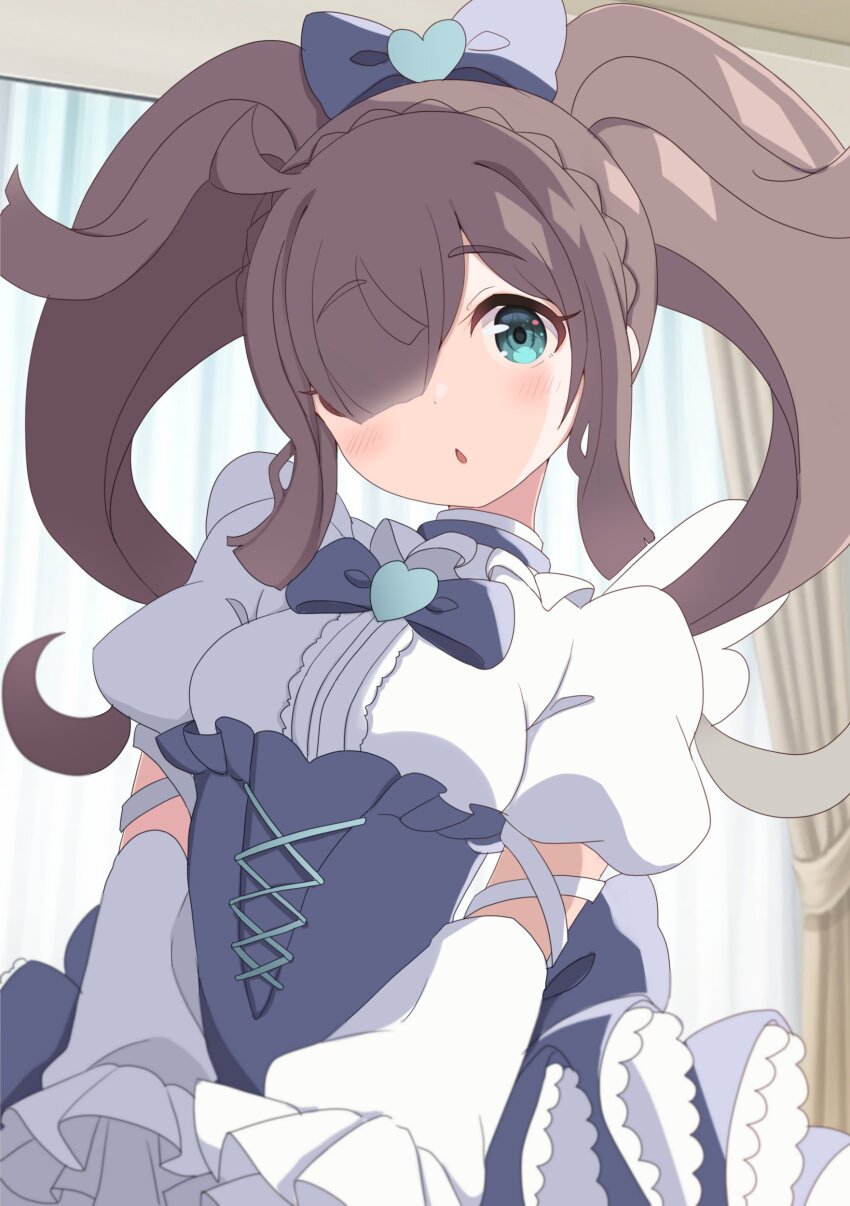 1girl :o absurdres anime_coloring aqua_eyes ben_awa blunt_bangs blunt_sidelocks bow bowtie braid breasts brown_hair choker collar cross-laced_clothes cross-laced_skirt cross-laced_sleeves crown_braid curtains day detached_sleeves dress_shirt fake_wings framed_breasts frilled_collar frilled_skirt frills grey_bow grey_bowtie grey_choker grey_skirt hair_ornament hair_over_one_eye heart heart_hair_ornament high-waist_skirt highres indoors kiratto_pri_chan light_blush long_hair long_sleeves looking_at_viewer mini_wings nijinosaki_dia one_eye_covered own_hands_together parted_lips pretty_series puffy_short_sleeves puffy_sleeves raised_eyebrows shirt short_sleeves side_ahoge sidelighting sidelocks skirt small_breasts solo sunlight tareme twintails upper_body v_arms wavy_hair white_shirt white_wings wings