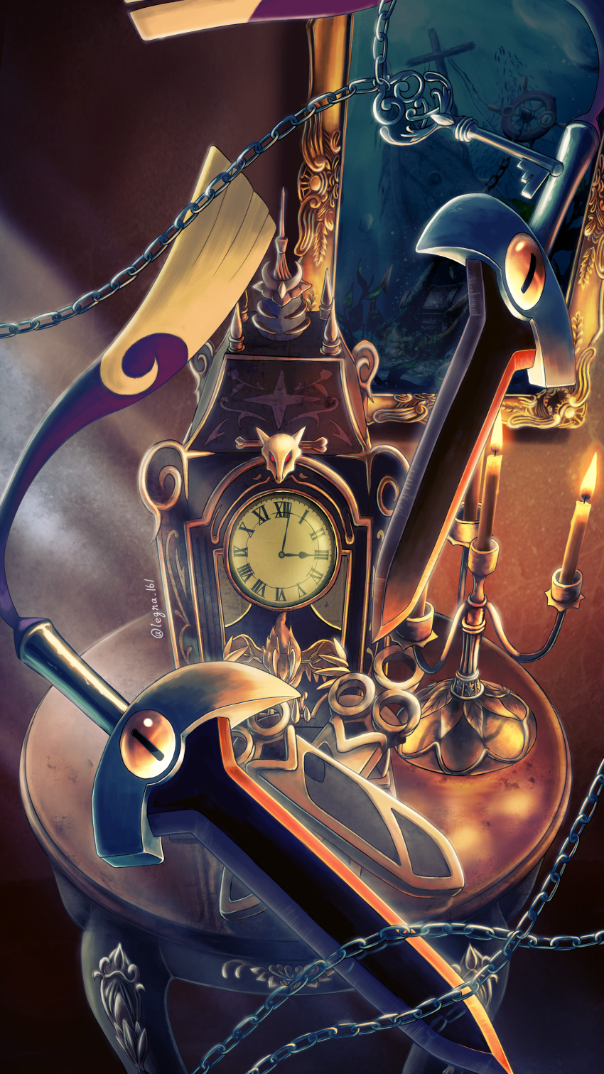absurdres candle candlestand chain clock dhelmise doublade fire gen_1_pokemon gen_6_pokemon gen_7_pokemon highres indoors key legendary_pokemon legna_(legna_161cm) marowak nintendo no_humans picture_frame pokemon pokemon_(creature) sword twitter_username weapon yveltal