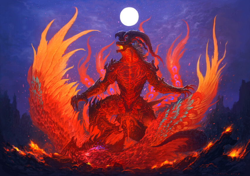absurdres animal_focus battle bird claws cloud cloudy_sky commentary english_commentary fantasy final_fantasy final_fantasy_xvi fire full_moon glowing glowing_eye glowing_mouth highres horns ifrit_(final_fantasy) john_tedrick monster moon night night_sky no_humans open_mouth outdoors phoenix phoenix_(final_fantasy) realistic scales signature sky stomping tail wings