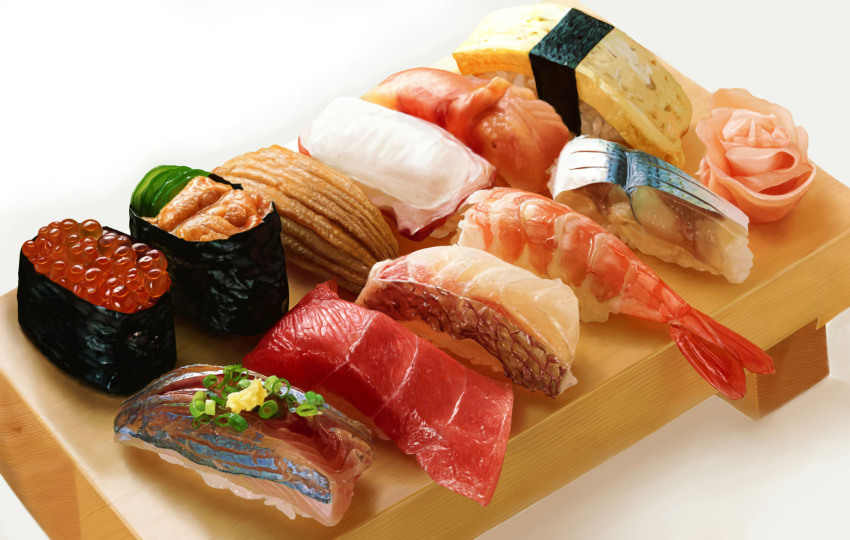chopped_onion derivative_work fish_(food) food food_focus highres ikura_(food) jiji_(kbj0225) making-of_available nigirizushi no_humans omelet original photorealistic realistic roe salmon_(fish) shrimp still_life sushi sushi_geta tamagoyaki tuna uni_(food) white_background