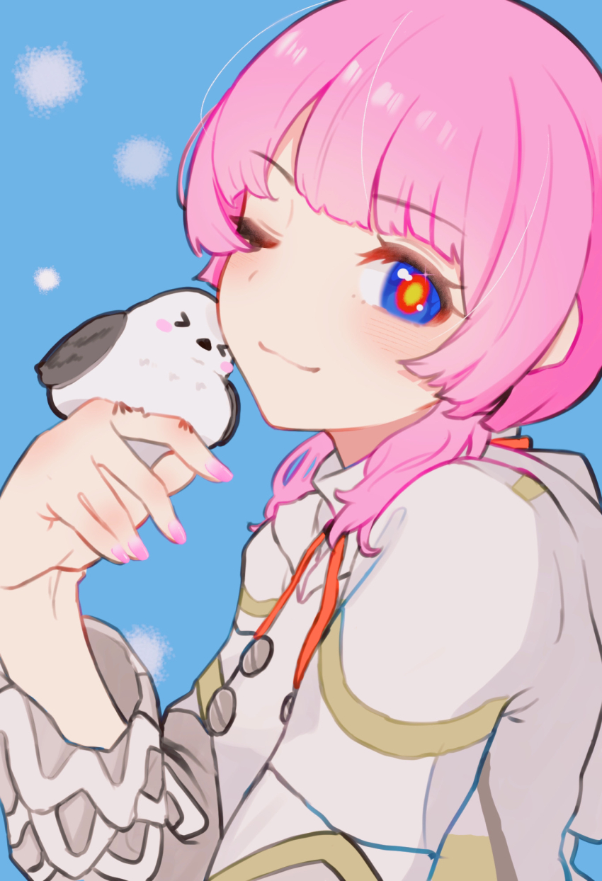 1girl bird blue_eyes blush commentary_request highres jacket kaf_(kamitsubaki_studio) kamitsubaki_studio looking_at_viewer low_twintails multicolored_eyes one_eye_closed pink_hair short_hair smile solo tekomaru twintails upper_body virtual_youtuber yellow_pupils