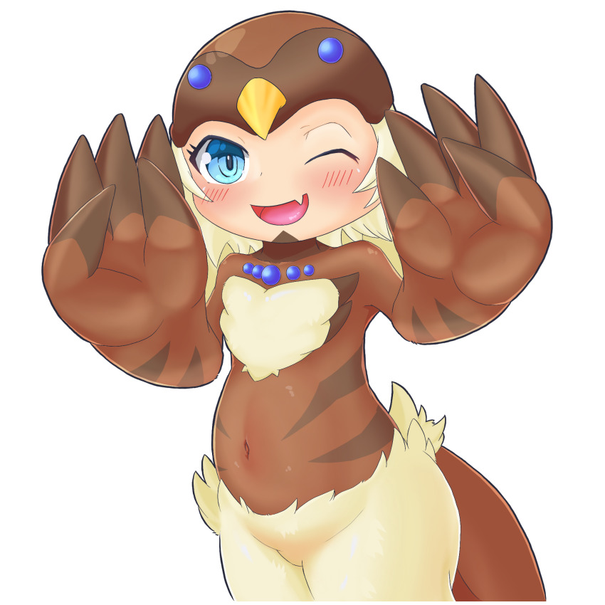 1girl belly bird_hat bird_hood bird_legs bird_tail blonde_hair blue_eyes blush brown_wings commentary_request covered_navel duel_monster fang feather_fingers harpy highres long_hair looking_at_viewer lyrilusc_-_cobalt_sparrow monster_girl one_eye_closed open_mouth simple_background skin_fang solo suzuki_(pixiv_94103823) tail white_background winged_arms wings yu-gi-oh!