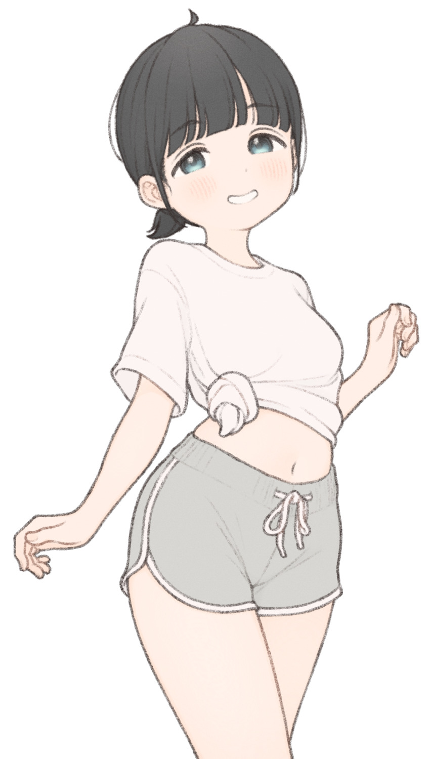 1girl 1ssakawaguchi absurdres ahoge black_hair blue_eyes breasts commentary_request cowboy_shot dolphin_shorts drawstring grey_shorts grin highres ichika_(1ssakawaguchi) legs_together light_blush looking_at_viewer low_ponytail midriff navel original pear_shaped_figure petite ponytail shirt short_hair short_ponytail short_shorts short_sleeves shorts simple_background small_breasts smile solo standing t-shirt tied_shirt white_background white_shirt