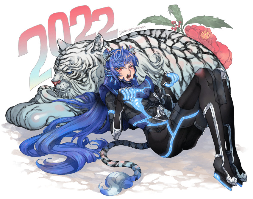 1boy 1other androgynous animal_ears asymmetrical_hair bad_id bad_twitter_id blue_hair bodysuit byakko_(megami_tensei) dated eyelashes fangs flower full_body hands_up knees_up legs long_hair lying male_focus on_back open_mouth orange_eyes paw_pose protagonist_(smtv) shin_megami_tensei shin_megami_tensei_v single_sidelock tail tiger_ears tiger_tail twitter_username umeeeyoukan very_long_hair