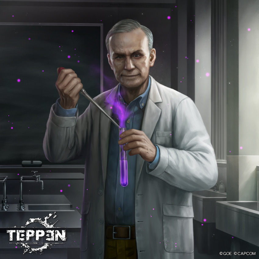 1boy belt blue_shirt capcom chalkboard coat denim grey_hair highres jeans kuroiwa_enu lab_coat laboratory nathaniel_bard official_art open_clothes open_coat pants remake resident_evil resident_evil_3:_nemesis resident_evil_3_(remake) scientist shirt sink smirk teppen