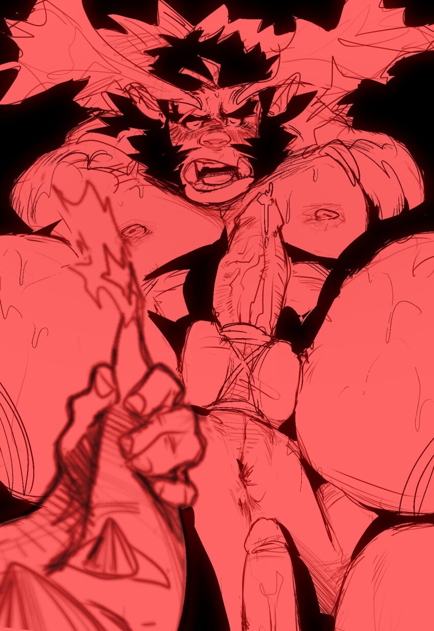 2boys abs anus astar_(live_a_hero) bara blush chivo_(kalchivo) cock_ring colored_skin completely_nude demon_boy erection facial_hair fiery_horns fire flame-tipped_tail forked_eyebrows highres horns huge_eyebrows imminent_anal imminent_penetration large_pectorals live_a_hero looking_at_viewer male_focus mature_male monochrome monster_boy multiple_boys muscular muscular_male mutton_chops nipples nude ogre open_mouth pectorals penis penis_on_ass pointy_ears red_skin red_theme sex_toy solo_focus spread_legs square_head streaked_beard tail tail_grab torogao tusks unfinished yaoi