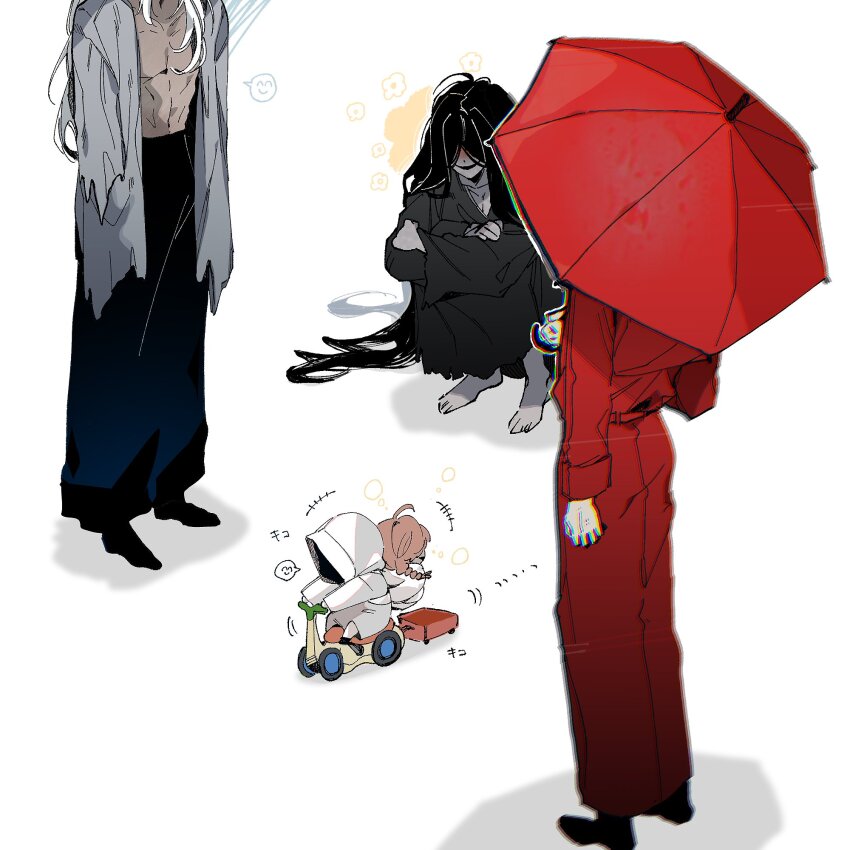1girl 4boys black_hair black_kimono coat commentary edamame_ksr happy_aura heroine_(homicipher) highres holding holding_umbrella homicipher japanese_clothes kimono long_hair mini_person minigirl mr._chopped mr._crawling mr._scarletella mr._silvair multiple_boys raincoat red_coat red_umbrella riding simple_background squatting umbrella very_long_hair wagon white_background white_hair white_raincoat
