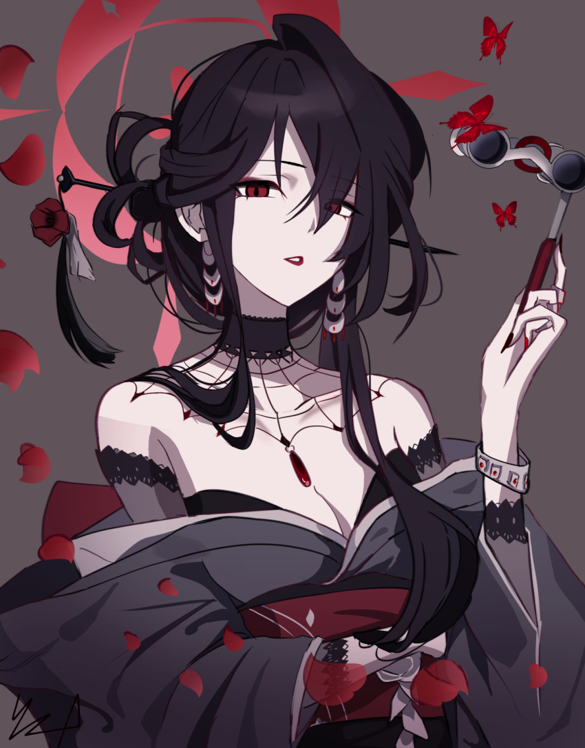 1girl black_hair blue_archive eyeliner goth_fashion grey_kimono hair_ornament hair_stick halo highres japanese_clothes kimono kokuriko_(blue_archive) makeup opera_glasses red_eyeliner red_eyes red_halo red_lips ryu_to_kagune sash solo spider_web_pattern upper_body