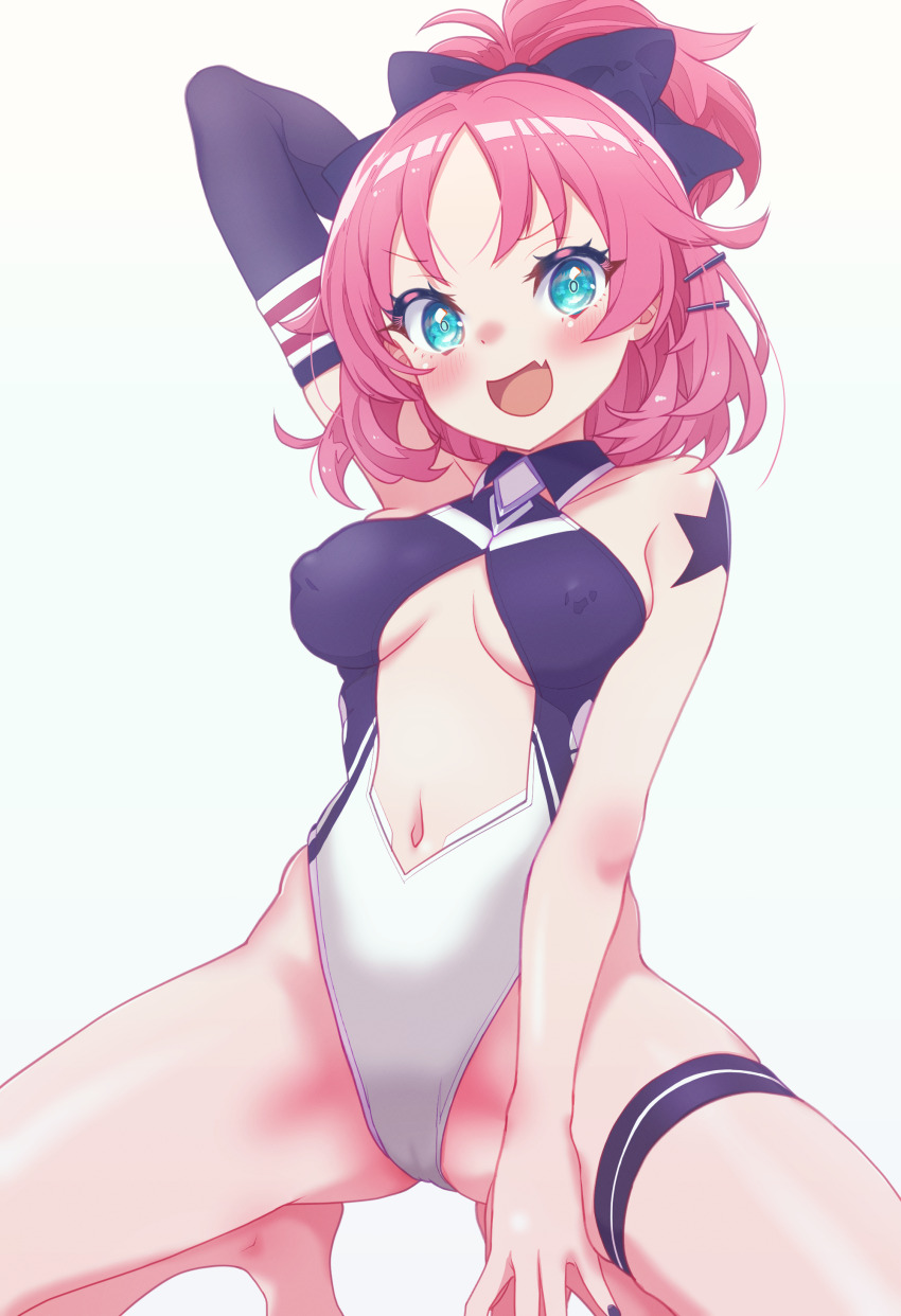 1girl absurdres aqua_eyes arbiter1 arm_tattoo arms_behind_head azur_lane bare_shoulders blush breasts cameltoe center_opening collared_one-piece_swimsuit covered_erect_nipples dace_(azur_lane) elbow_gloves gloves hair_ornament hair_ribbon hairclip highres large_breasts long_hair looking_at_viewer navel open_mouth red_hair ribbon simple_background single_elbow_glove smile solo spread_legs squatting star_tattoo stomach tattoo thigh_strap thighs white_background