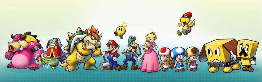 2girls 6+boys @_@ angry blonde_hair boots bowser bracelet broggy_(mario) broque_monsieur brown_hair cane claws clenched_hand collar corporal_paraplonk crossed_arms crown dress earrings elbow_gloves electricity facial_hair fangs fawful flying gem glasses gloves grin hammer hand_on_own_hip hat highres jewelry koopa koopa_paratroopa long_hair long_image luigi mario mario_&amp;_luigi_rpg mario_&amp;_luigi:_bowser&#039;s_inside_story mario_(series) midbus multiple_boys multiple_girls mustache nintendo pink_dress princess princess_peach red_hair shell smile snout spiked_bracelet spiked_collar spikes star_(symbol) starlow suspenders toad_(mario) toadbert toadsworth weapon wide_image wings