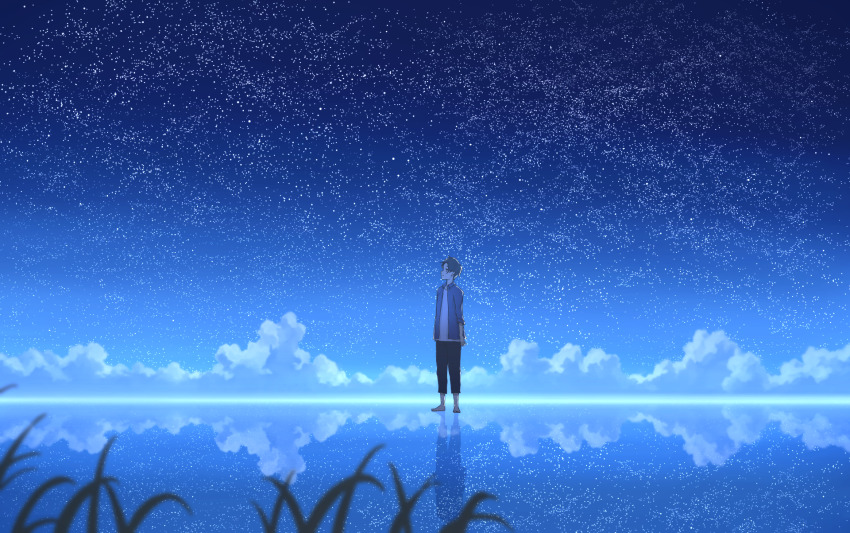 1boy anyotete barefoot black_hair blurry cloud commentary depth_of_field english_commentary grass highres horizon night night_sky open_clothes original outdoors reflective_floor scenery shirt short_hair sky solo standing star_(sky) starry_sky white_shirt wide_shot