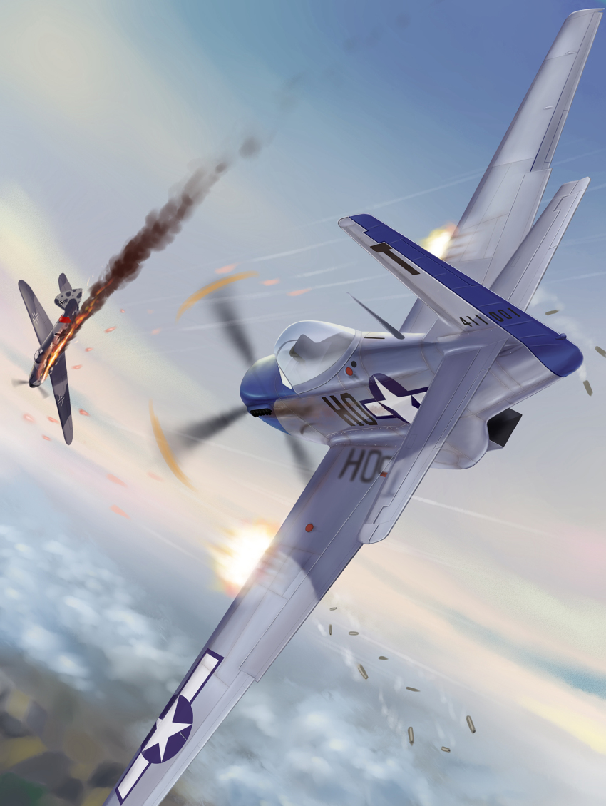 above_clouds aerial_battle aircraft airplane battle bf_109 burning cloud cockpit dogfight escort_fighter firing highres military_vehicle no_humans p-51_mustang propeller propeller_fighter sky vehicle_focus zuotian_de_yu