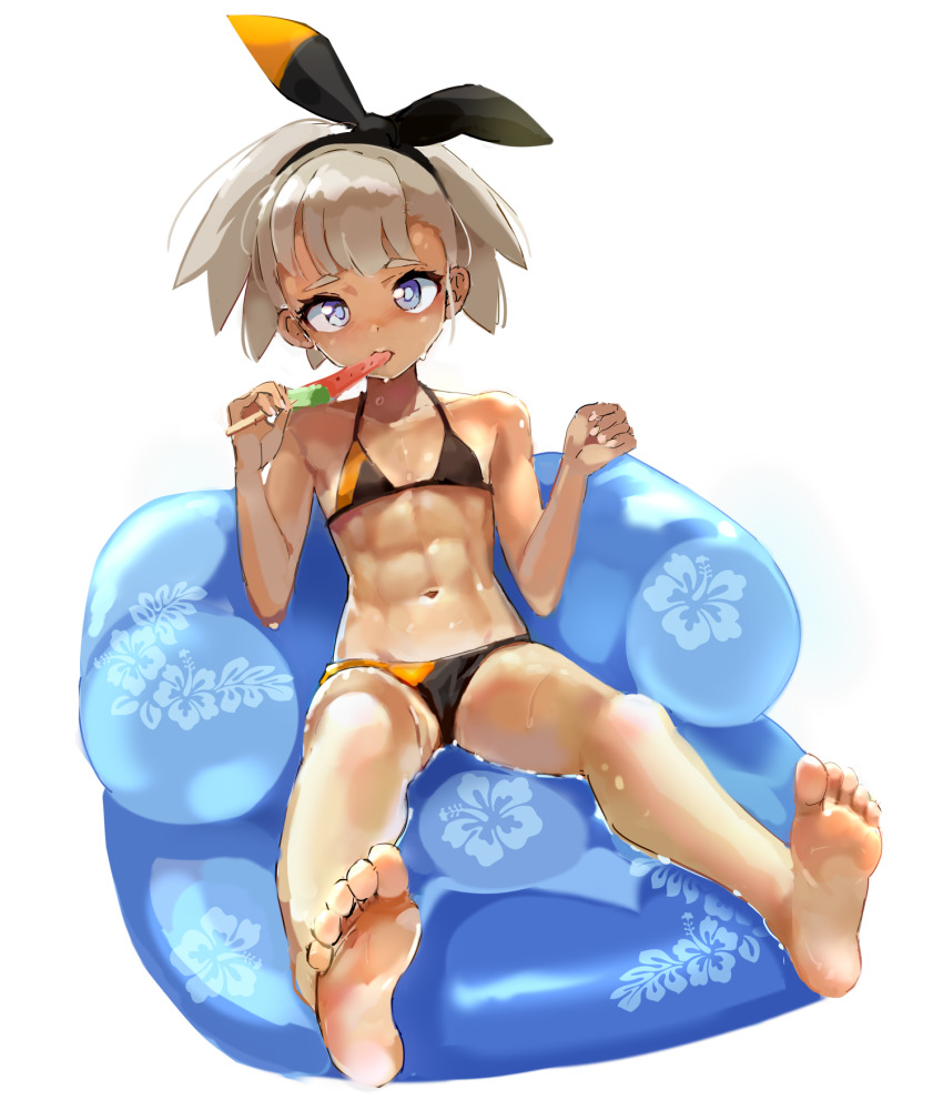 1girl abs barefoot bea_(pokemon) bikini black_bikini black_hairband blonde_hair blue_eyes bow_hairband collarbone commentary_request eating eyelashes floral_print food foreshortening full_body hairband hands_up highres holding holding_stick inflatable_chair knees looking_at_viewer navel nintendo okken pokemon pokemon_swsh popsicle short_hair sitting soles solo stick swimsuit toes toned toned_female