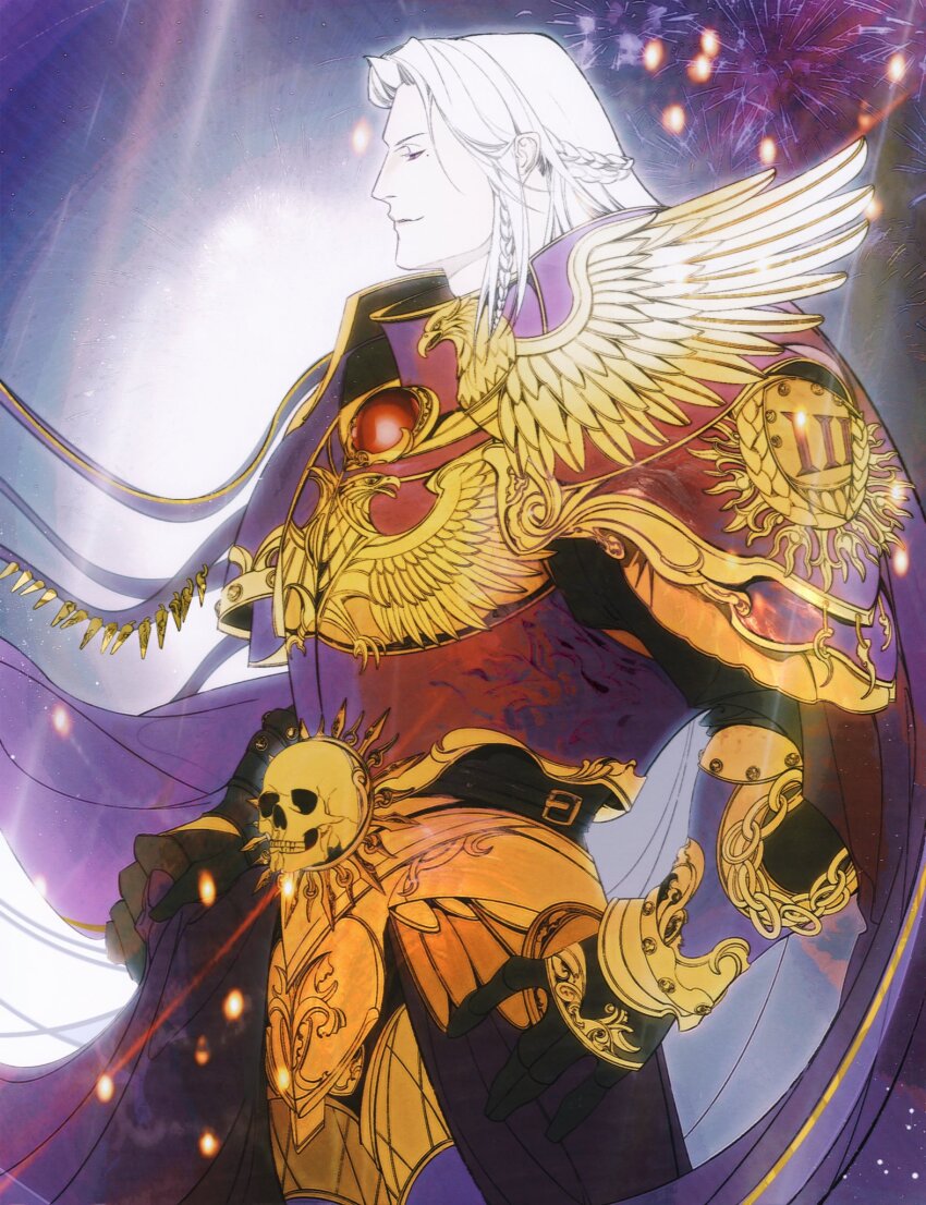 armor braid breastplate commentary couter crotch_plate cuirass emperor&#039;s_children english_commentary from_side fulgrim gauntlets highres imperial_aquila jian_tai_(cuoyu0) leg_armor long_hair male_focus pauldrons pelvic_curtain power_armor primarch purple_armor purple_eyes reflective_clothes rerebrace roman_numeral shoulder_armor single_braid skull_ornament sparkle warhammer_40k white_hair yellow_armor