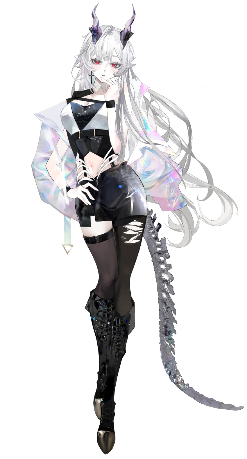 1girl absurdres aki_(stardust_project) arm_out_of_sleeve asymmetrical_legwear black_boots black_pantyhose black_shirt black_skirt black_thighhighs bone_tail boots breasts cleavage cross cross_earrings detached_sleeves dragon_horns earrings expressionless full_body hand_on_own_face hand_on_own_hip hand_up highres horns jacket jewelry knee_boots lace-up_boots long_hair looking_at_viewer midriff navel official_art pantyhose pencil_skirt purple_horns red_eyes see-through_clothes see-through_jacket shirt single_earring single_leg_pantyhose single_thighhigh skirt sleeveless sleeveless_shirt solo stardust_project tachi-e thighhighs torn_clothes torn_pantyhose transparent_background uneven_legwear very_long_hair virtual_youtuber white_hair