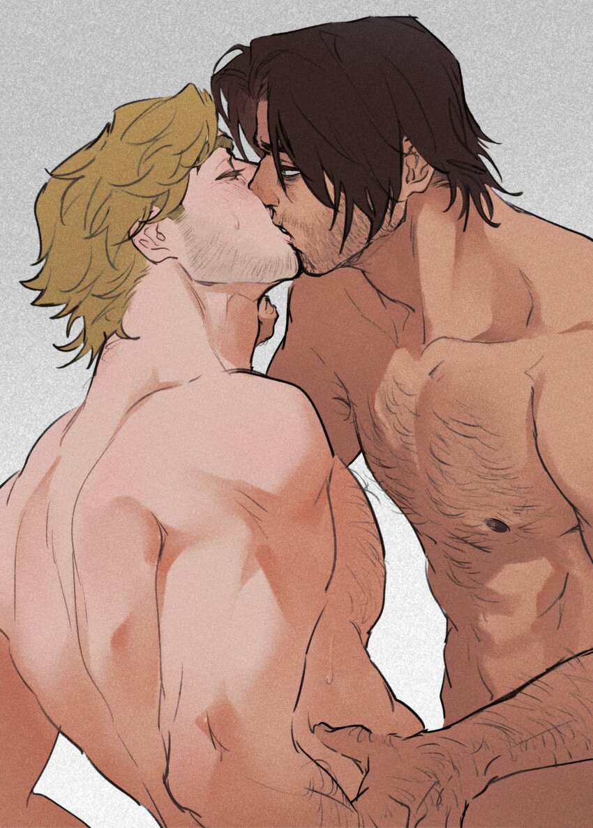 2boys abs absurdres arm_hair back beard blonde_hair brown_hair chest_hair closed_eyes collarbone commentary_request completely_nude curly_(mouthwashing) curly_(pre-crash)_(mouthwashing) facial_hair film_grain grey_background hand_on_another&#039;s_arm hand_on_another&#039;s_neck highres jimmy_(mouthwashing) kiss looking_at_another male_focus mouthwashing multiple_boys nude pectorals setuyuyu short_hair wavy_hair yaoi