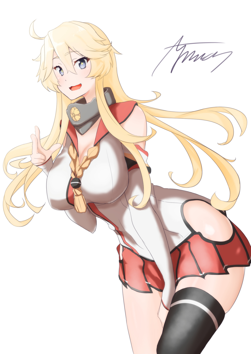 1girl ayuman black_thighhighs blonde_hair blue_eyes breasts commentary_request cosplay cowboy_shot detached_sleeves highres hip_vent iowa_(kancolle) kantai_collection large_breasts leaning_forward long_hair looking_at_viewer pleated_skirt red_sailor_collar red_skirt sailor_collar signature simple_background single_thighhigh skirt solo star-shaped_pupils star_(symbol) symbol-shaped_pupils thighhighs white_background yamato_(kancolle) yamato_(kancolle)_(cosplay) z_flag