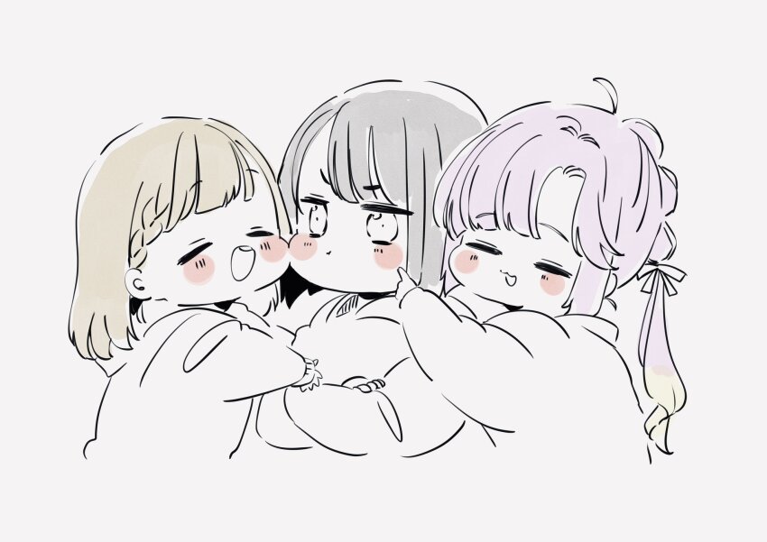 3girls :3 :d :t ahoge anyoji_hime black_hair blonde_hair blunt_bangs braid brown_hair center-flap_bangs cheek_poking closed_eyes commentary_request cropped_torso crossed_arms deformed gradient_hair hair_ribbon highres hood hooded_jacket jacket kachimachi_kosuzu link!_like!_love_live! long_hair long_sleeves love_live! momose_ginko multi-tied_hair multicolored_hair multiple_girls open_mouth pale_color partially_colored pink_hair poking ponytail pout ribbon round_teeth shin_(shnnnnrn1) short_hair side_braids sidelocks simple_background smile swept_bangs teeth upper_teeth_only virtual_youtuber white_background