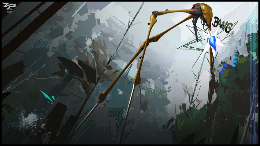absurdres alien bare_tree commentary cyborg day energy_cannon energy_weapon english_commentary forest from_below half-life_(series) highres monster monster_focus nature no_humans sound_effects strider_(half-life) tomafumi tree