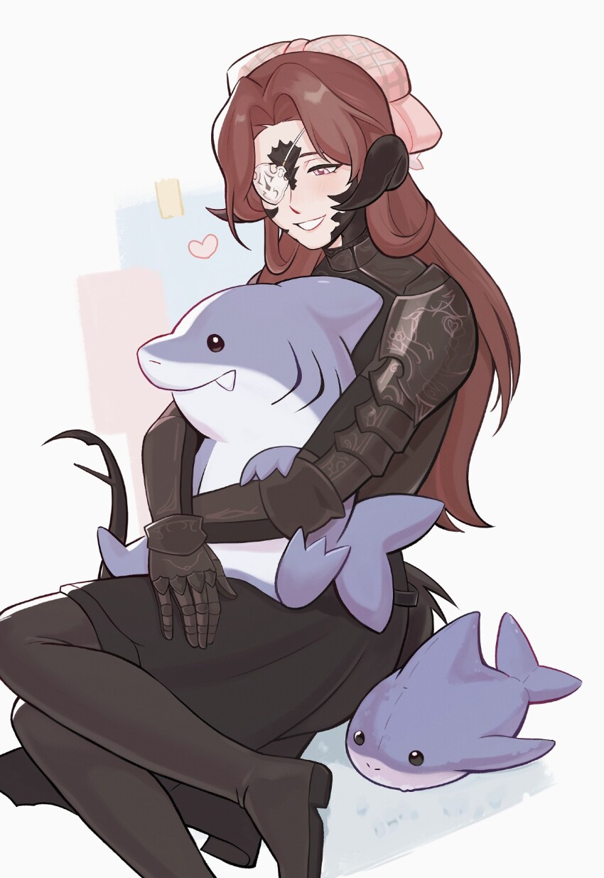 1girl animal armor au_ra black_dress boots brown_boots brown_hair commission dragon_horns dragon_tail dress eyepatch final_fantasy final_fantasy_xiv greaves hair_ribbon heart highres holding holding_animal horns jurimaart large_ribbon light_blush lips long_hair looking_at_animal open_mouth pauldrons pink_eyes pink_ribbon ribbon shadow shark shoulder_armor simple_background smile solo stuffed_animal stuffed_toy tail vgen_commission warrior_of_light_(ff14) white_background