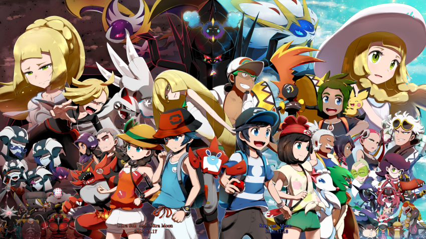 6+boys 6+girls alolan_form alolan_raticate backpack bad_id bad_pixiv_id bag baseball_cap beanie blacephalon black_hair black_jacket black_pants black_shirt blonde_hair blue_eyes blue_shirt blue_skin braid brother_and_sister bucket_hat buzzwole celesteela coat colored_skin copyright_name cosmog dark-skinned_female dark-skinned_male dark_skin decidueye dress dulse_(pokemon) elio_(pokemon) eyewear_on_head faba_(pokemon) facial_hair gen_1_pokemon gen_2_pokemon gen_4_pokemon gen_7_pokemon gladion_(pokemon) glasses green_eyes green_hair green_shorts grey_hair gumshoos guzma_(pokemon) guzzlord hala_(pokemon) handbag hapu_(pokemon) hat hau_(pokemon) highres holding holding_poke_ball incineroar island_kahuna jacket kartana kommo-o kukui_(pokemon) lab_coat legendary_pokemon lillie_(pokemon) long_hair lunala lurantis lusamine_(pokemon) mimikyu mother_and_daughter mother_and_son multiple_boys multiple_girls mustache nanu_(pokemon) necrozma necrozma_(normal) nihilego nintendo olivia_(pokemon) open_clothes open_coat open_mouth orange_hair orange_shirt pants pheromosa phyco_(pokemon) pichu pink_hair plumeria_(pokemon) poipole poke_ball poke_ball_(basic) pokedex pokemon pokemon_(creature) pokemon_sm pokemon_usum ponytail primarina purple_hair raticate red_eyes red_hat rotom rotom_dex salazzle selene_(pokemon) selene_(pokemon_usum) shirogane_yu shirt short_hair short_sleeves shorts siblings silvally sleeveless sleeveless_dress smile solgaleo soliera_(pokemon) stakataka starter_pokemon_trio striped_clothes striped_shirt sun_hat sunglasses tank_top tapu_bulu tapu_fini tapu_koko tapu_lele team_skull tied_shirt torn_clothes torn_pants twin_braids ultra_beast ultra_recon_squad_uniform vikavolt white_dress white_hair white_hat white_shirt white_shorts wicke_(pokemon) wishiwashi wishiwashi_(school) xurkitree you_(pokemon_usum) z-ring zossie_(pokemon)