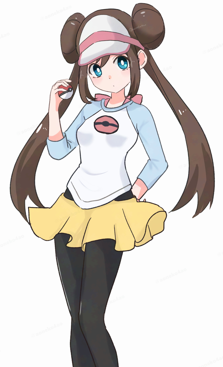 1girl absurdres aoneko4ao_(edwf7745) arm_behind_back black_pantyhose blue_eyes brown_hair commentary_request double_bun hair_bun highres holding holding_poke_ball long_hair nintendo pantyhose partial_commentary poke_ball poke_ball_(basic) pokemon pokemon_bw2 rosa_(pokemon) shirt shorts solo three-quarter_sleeves twintails visor_cap white_background yellow_shorts