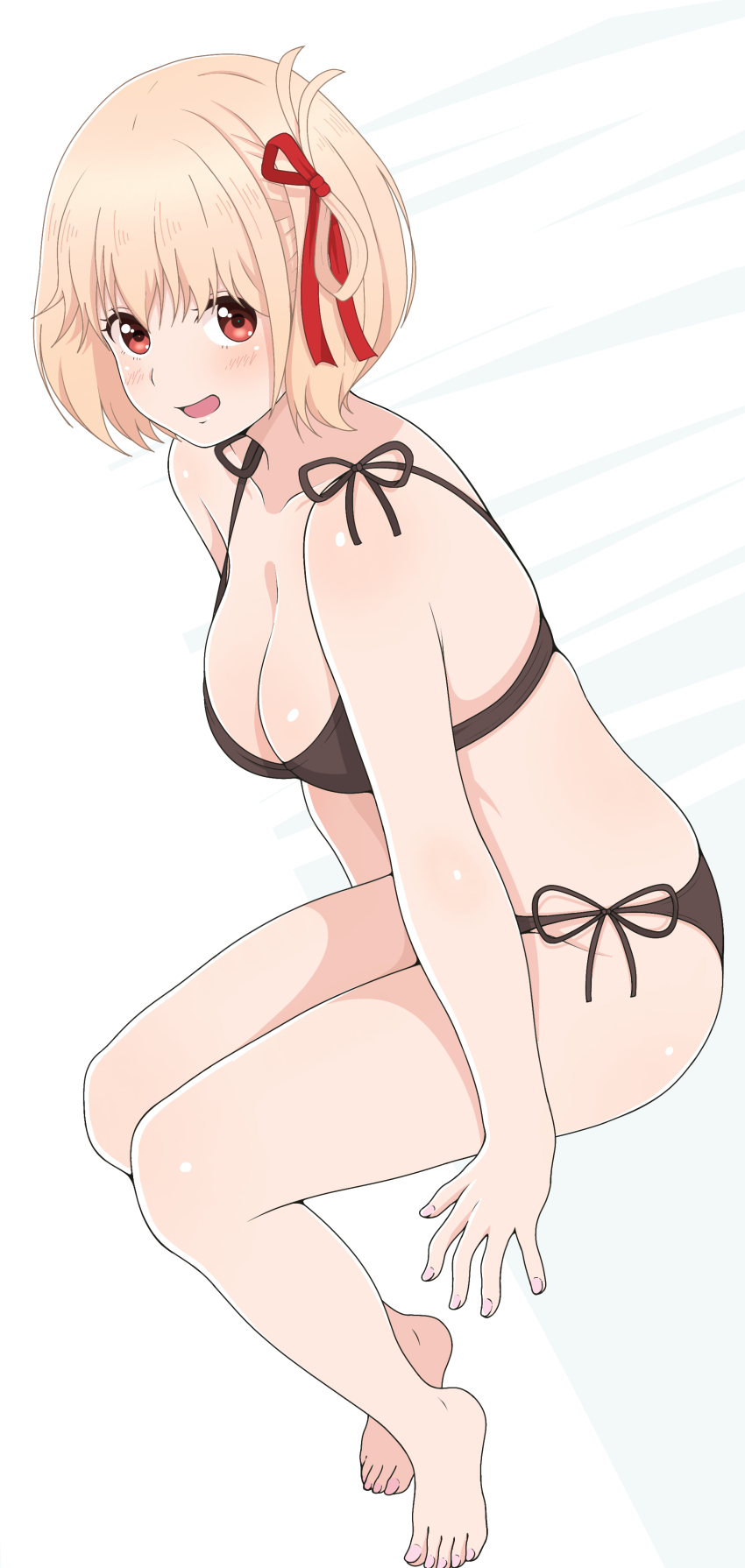 1girl :d absurdres barefoot bikini black_bikini blonde_hair breasts cleavage from_side full_body hair_ribbon highres ito_kashiwamochi large_breasts looking_at_viewer lycoris_recoil nishikigi_chisato one_side_up open_mouth red_eyes red_ribbon ribbon short_hair side-tie_bikini_bottom sitting smile solo swimsuit thighs