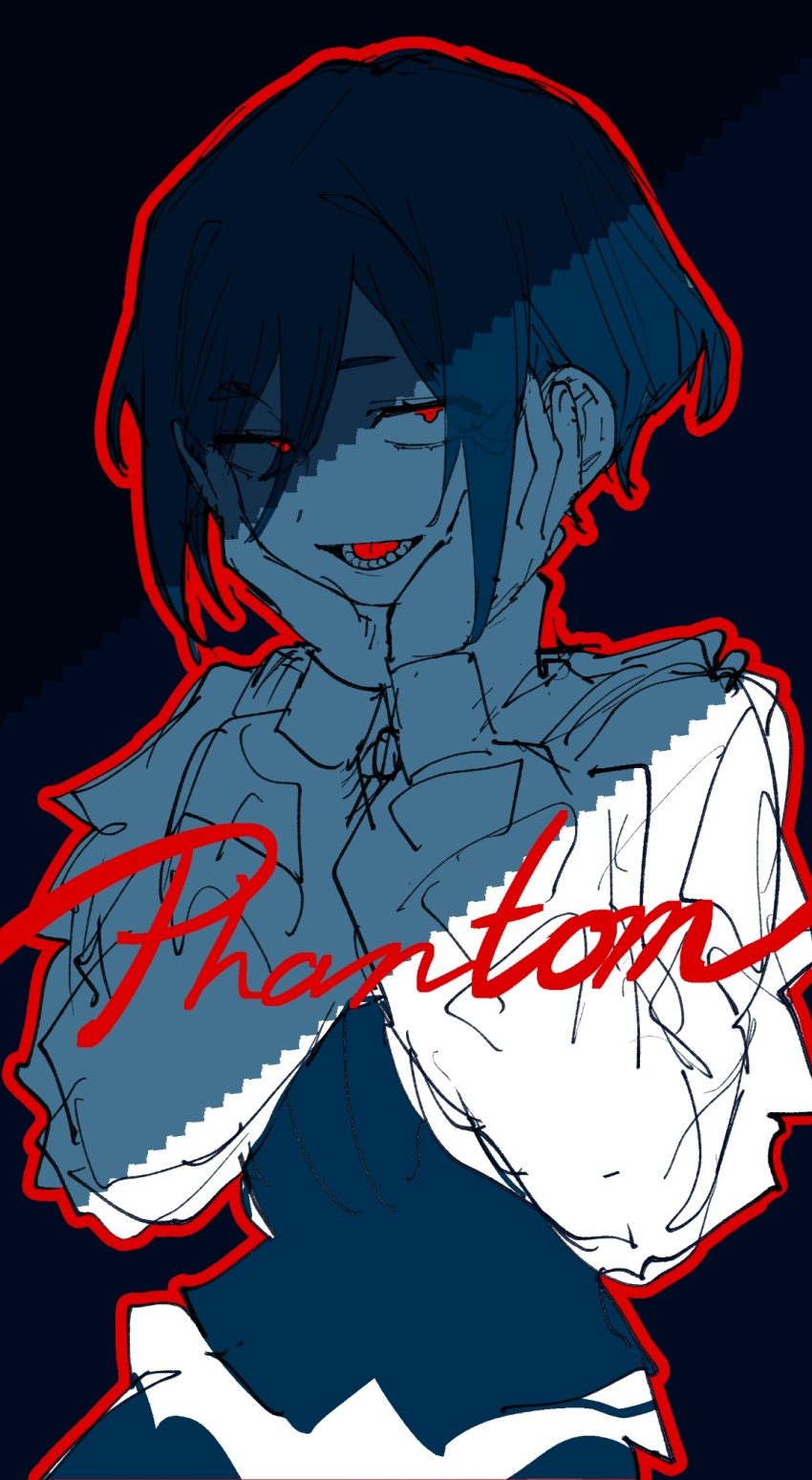 100387l 1girl blue_hair collared_shirt commentary_request constricted_pupils frilled_shirt frills fukurai_azami hair_between_eyes hands_on_own_cheeks hands_on_own_face hands_up highres kisaragi_ayumi limited_palette long_sleeves looking_at_viewer open_mouth outline protected_link red_eyes red_outline shaded_face shirt short_hair smile solo spoilers spot_color teeth toshi_densetsu_kaitai_center