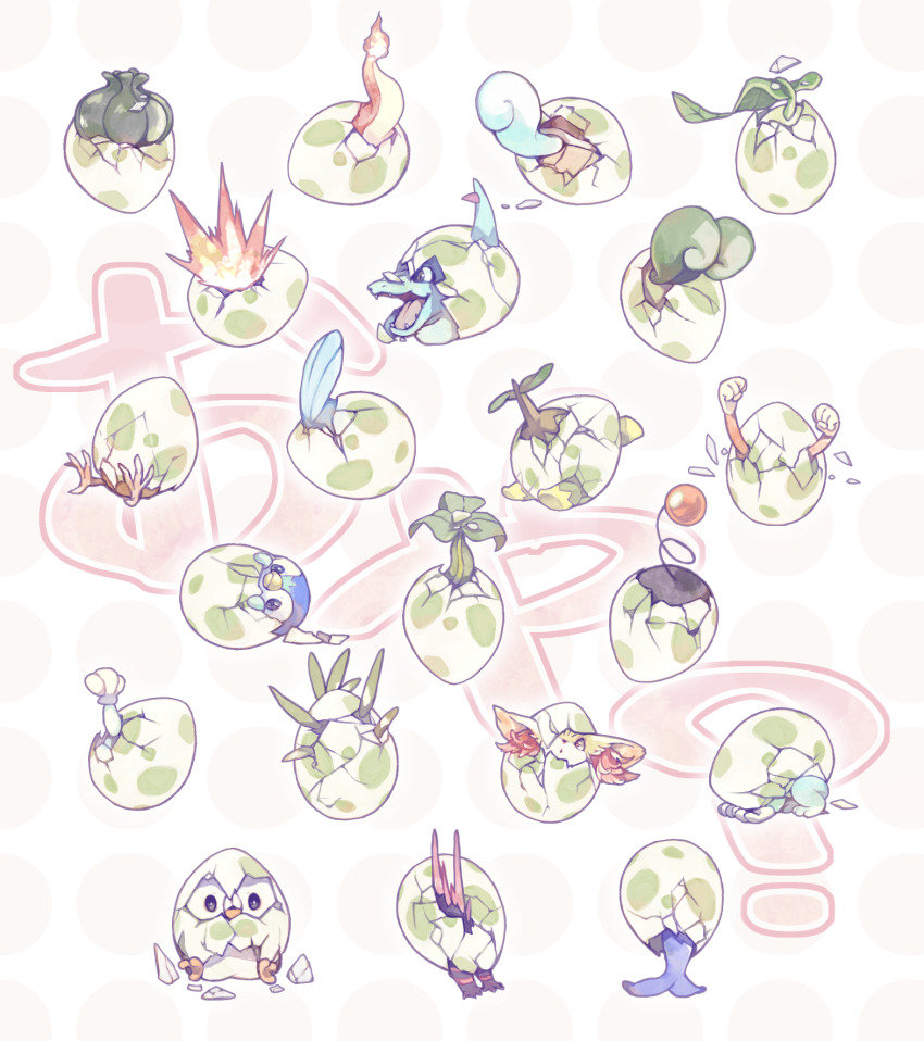 animal_ear_fluff animal_focus arms_up bulbasaur charmander chespin chikorita chimchar cracking_egg cyndaquil egg eggshell fennekin fire flame-tipped_tail froakie gen_1_pokemon gen_2_pokemon gen_3_pokemon gen_4_pokemon gen_5_pokemon gen_6_pokemon gen_7_pokemon hatching highres holding holding_shell litten mokunami mudkip nintendo no_humans open_mouth oshawott piplup pokemon pokemon_(creature) popplio rowlet sharp_teeth shell snivy squirtle starter_pokemon_trio tail teeth tepig torchic totodile translation_request treecko turtwig