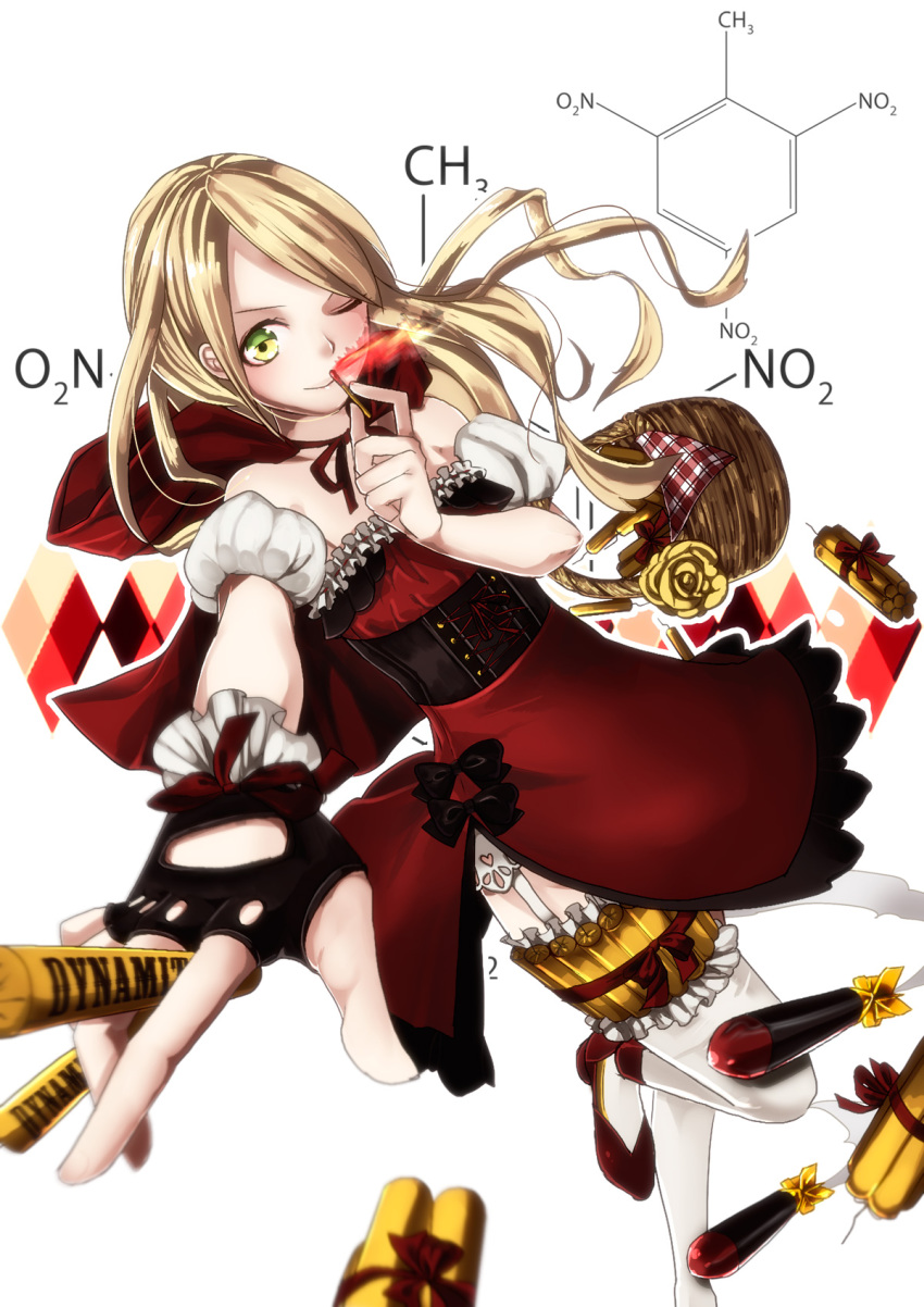 bad_id bad_pixiv_id basket blonde_hair dynamite explosive garter_belt gloves green_eyes highres matches memai one_eye_closed original solo terrorist thighhighs tnt wink
