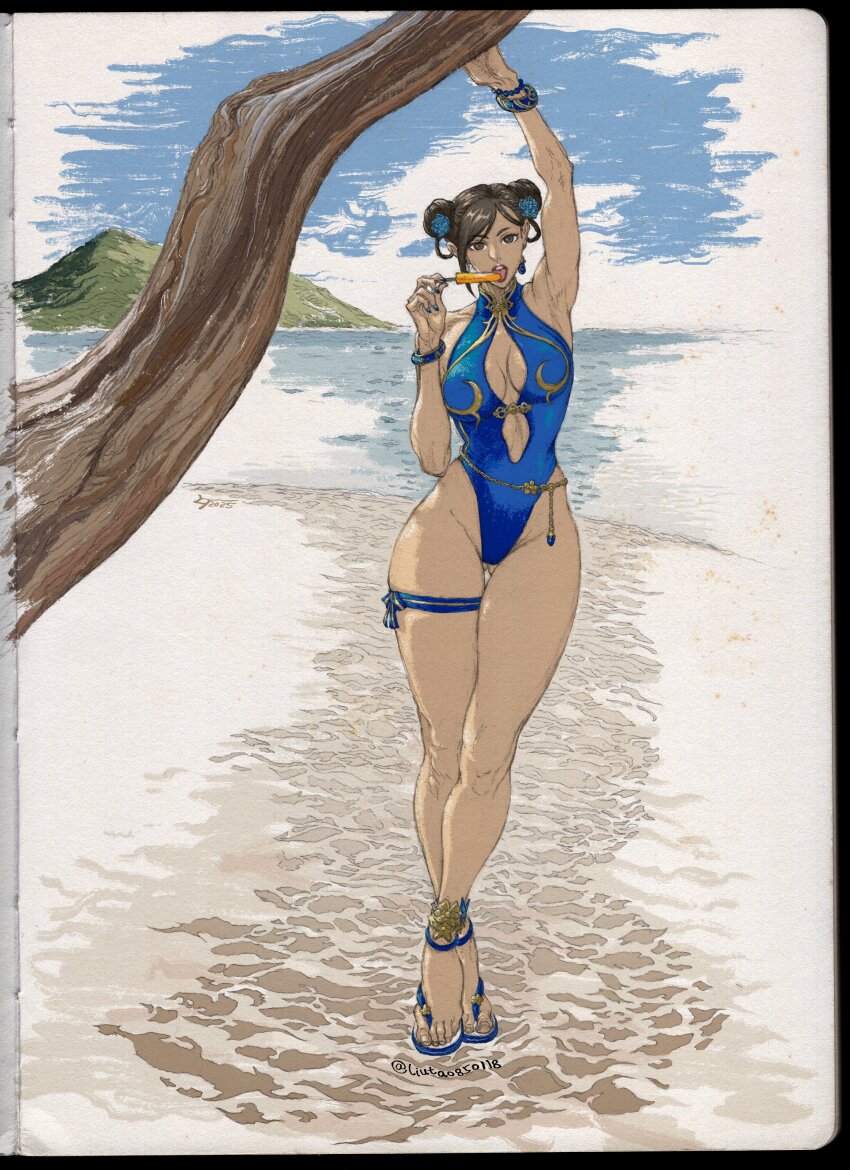 1girl absurdres arm_up armpits beach belly_chain blue_one-piece_swimsuit braid braided_hair_rings branch breasts brown_eyes capcom chun-li cleavage double_bun eating flower food food_in_mouth gold_trim hair_bun hair_flower hair_ornament hair_rings highleg highleg_one-piece_swimsuit highres holding holding_branch holding_food holding_popsicle jewelry liutao850118 looking_at_viewer ocean official_alternate_costume official_alternate_hairstyle one-piece_swimsuit popsicle popsicle_in_mouth sandals solo street_fighter street_fighter_6 swimsuit thighlet thighs toned toned_female water
