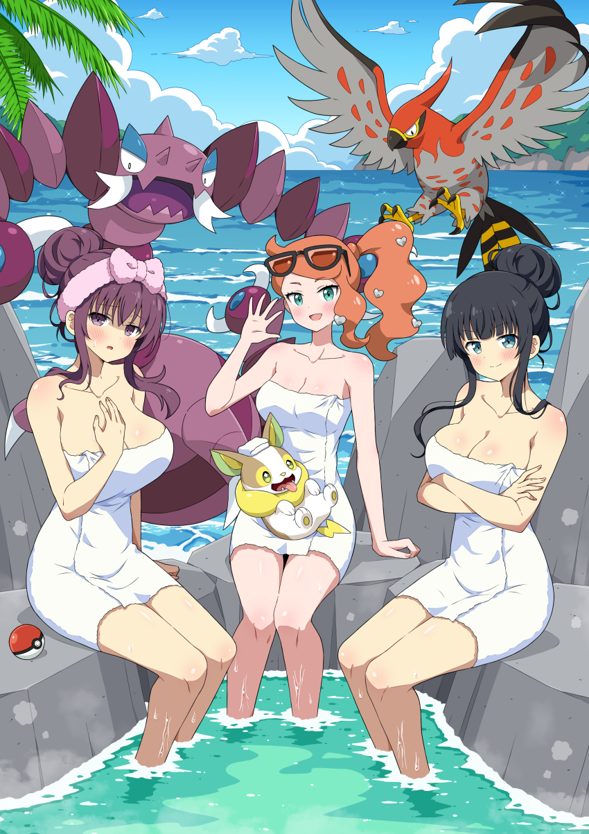 3girls absurdres bath bathing bird blush breasts cleavage commentary_request crossover drapion eggman_(ni_tamagoex) eyewear_on_head game_freak gen_4_pokemon gen_6_pokemon gen_8_pokemon green_eyes hair_ornament heart heart_hair_ornament highres horns ikaruga_(senran_kagura) large_breasts long_hair looking_at_viewer multiple_girls murasaki_(senran_kagura) naked_towel nintendo onsen open_mouth orange_hair outdoors poke_ball pokemon pokemon_(creature) pokemon_swsh rock same-sex_bathing senran_kagura shared_bathing side_ponytail smile sonia_(pokemon) steam sunglasses talonflame tongue tongue_out towel water yamper