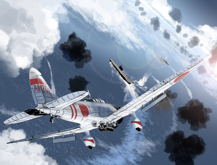 aircraft aircraft_carrier airplane battle bomb bomber calligraphy_brush_(medium) d3a dive_bomber explosion explosive flak flight_deck highres imperial_japanese_navy matsuda_juukou military military_vehicle millipen_(medium) ocean original outdoors pen_(medium) propeller propeller_fighter ship sky traditional_media vehicle_focus war warship watercraft world_war_ii