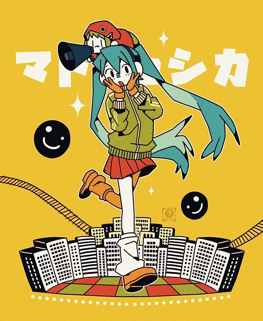 2girls :o alternate_costume artist_logo black_eyes blue_hair checkered_floor chibi chibi_on_head colored_inner_hair colored_skin commentary double-parted_bangs facial_mark floating_hair full_body gloves green_hair green_jacket gumi hair_between_eyes hands_on_own_cheeks hands_on_own_face hands_up hatsune_miku headphones highres holding holding_megaphone hood hood_up hooded_jacket jacket leg_up leg_warmers logo long_hair long_sleeves looking_at_viewer looking_to_the_side matryoshka_(vocaloid) megaphone miniskirt multicolored_hair multiple_girls on_head open_mouth orange_background orange_gloves orange_shoes outline pleated_skirt railroad_tracks red_jacket red_skirt shoes sidelocks simple_background skirt skyline smiley_face solid_oval_eyes song_name sparkle standing standing_on_one_leg striped_sleeves tenteko_mai51 track_jacket turning_head twintails very_long_hair vocaloid walking white_leg_warmers white_outline white_skin |_|