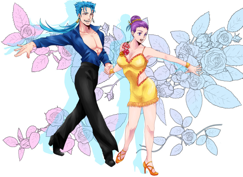 1boy 1girl alternate_hairstyle bare_pectorals bazett_fraga_mcremitz blue_hair blue_shirt breasts cleavage clothing_cutout cu_chulainn_(fate) cu_chulainn_(fate/stay_night) dancing earrings fate/hollow_ataraxia fate/stay_night fate_(series) flamenco flamenco_dress high_heels holding_hands hotaru_(ss801) jewelry large_breasts open_clothes open_shirt pectorals ponytail purple_eyes purple_hair red_eyes shirt side_cutout spanish_clothes