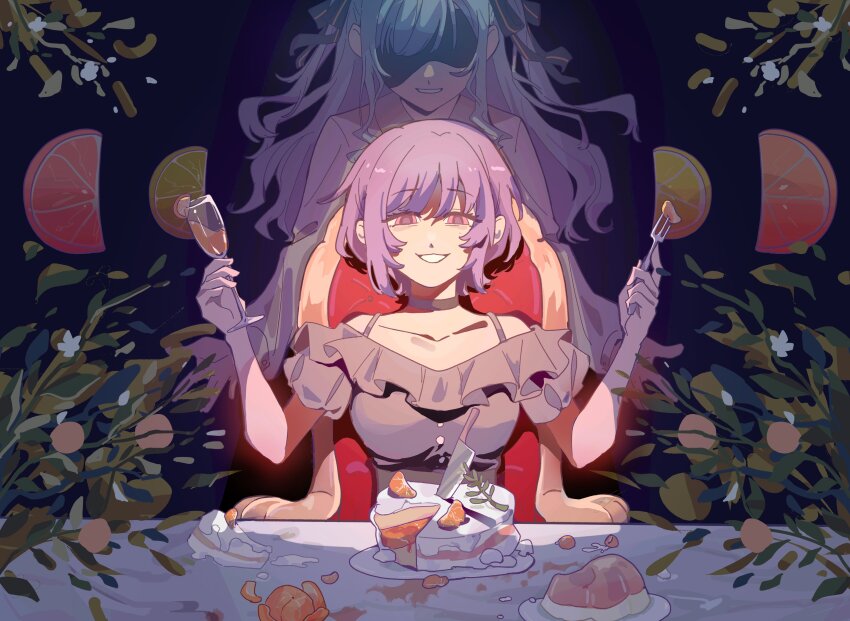 2girls absurdres bang_dream! bang_dream!_it&#039;s_mygo!!!!! black_choker black_ribbon blue_hair breasts cake cake_slice champagne_flute choker collarbone commentary cup drink drinking_glass food fork fruit grey_shirt hair_ribbon highres holding holding_drink holding_fork knife large_breasts lemon lemon_slice long_hair looking_at_viewer mocaccc multiple_girls off-shoulder_shirt off_shoulder orange_(fruit) orange_slice parted_lips pink_eyes plate purple_hair ribbon shaded_face shirt smile symbol-only_commentary throne togawa_sakiko white_shirt yuutenji_nyamu