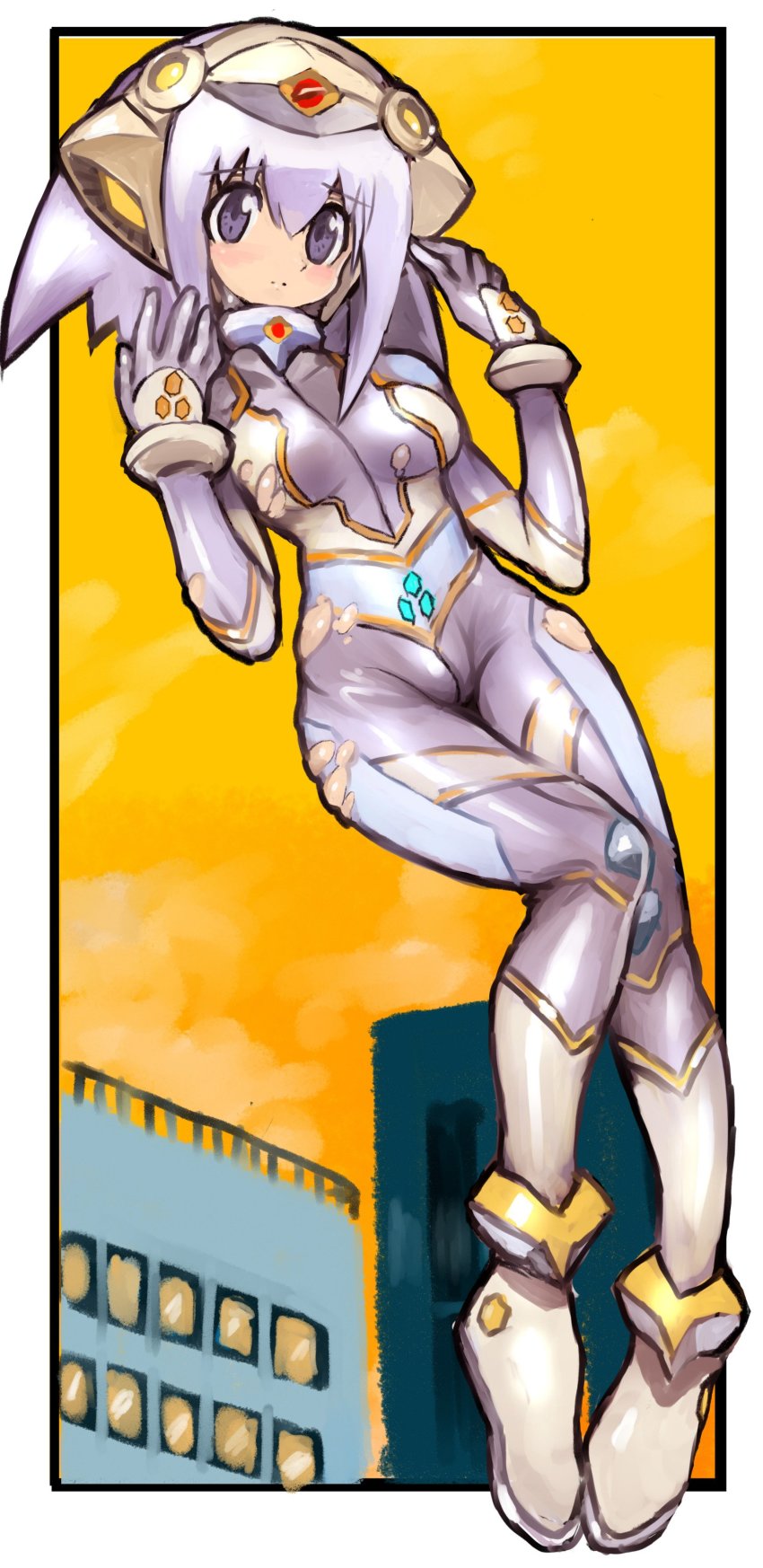 1girl absurdres blue_eyes blush bodysuit border breasts dakusuta female_focus full_body giant giantess hair_between_eyes head_tilt headgear highres koharuno_silk long_hair medium_breasts outside_border solo torn_clothes ultimate_girl white_border white_footwear