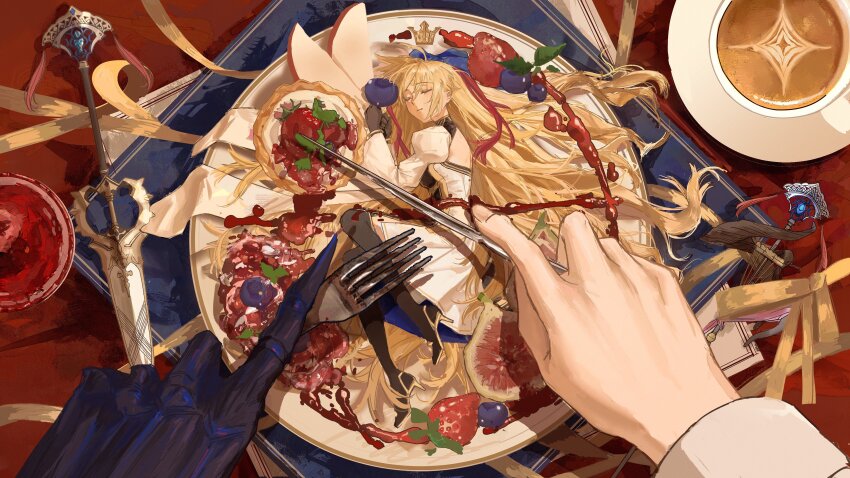 1girl 2boys absurdres armlet artoria_caster_(fate) artoria_caster_(third_ascension)_(fate) artoria_pendragon_(fate) backless_outfit blonde_hair blueberry bracelet claws closed_eyes closed_mouth crown dress fate/grand_order fate_(series) food fork fruit fujimaru_ritsuka_(male) highres holding holding_fork holding_knife jam jewelry knife long_hair lying marmyadose_(fate) mini_crown multiple_boys nhxlrx oberon_(fate) oberon_(third_ascension)_(fate) on_plate on_side plate scabbard sheath sleeping staff strawberry stylized_blood sword very_long_hair weapon white_dress