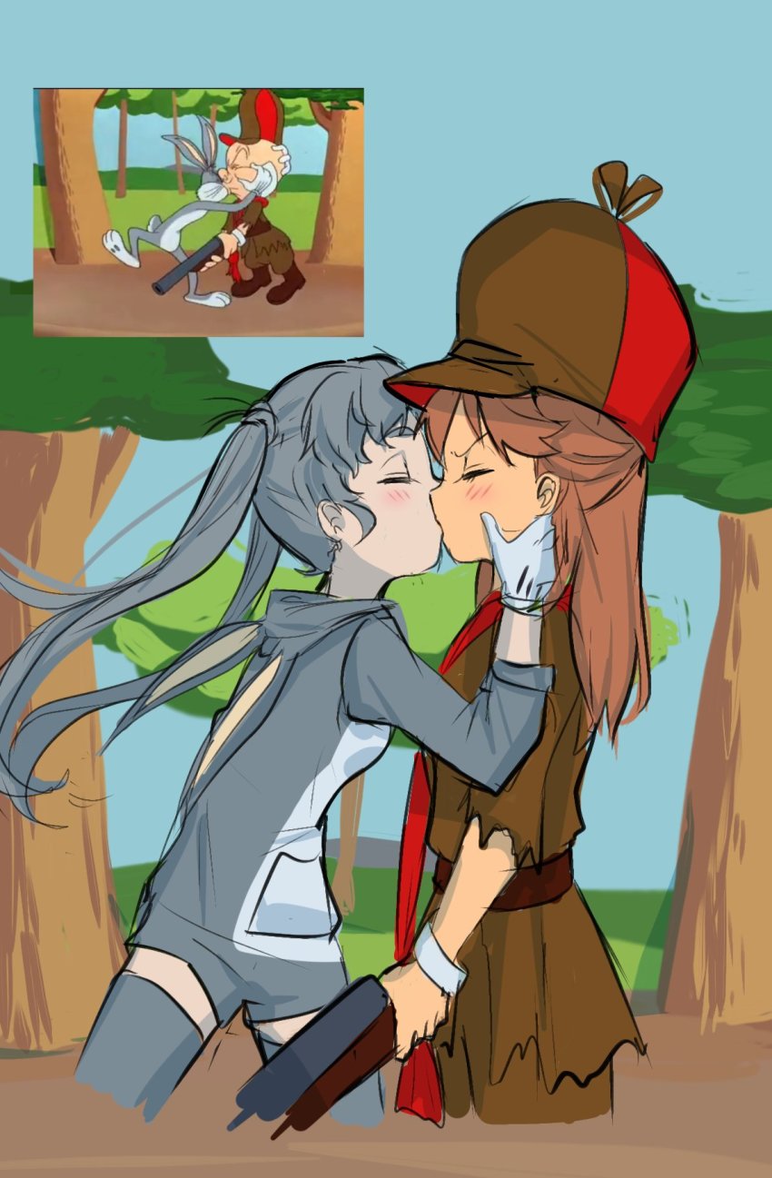 blush bugs_bunny day elmer_fudd closed_eyes gender_request genderswap gloves hat highres hunter kiss looney_tunes outdoors tagme yuri