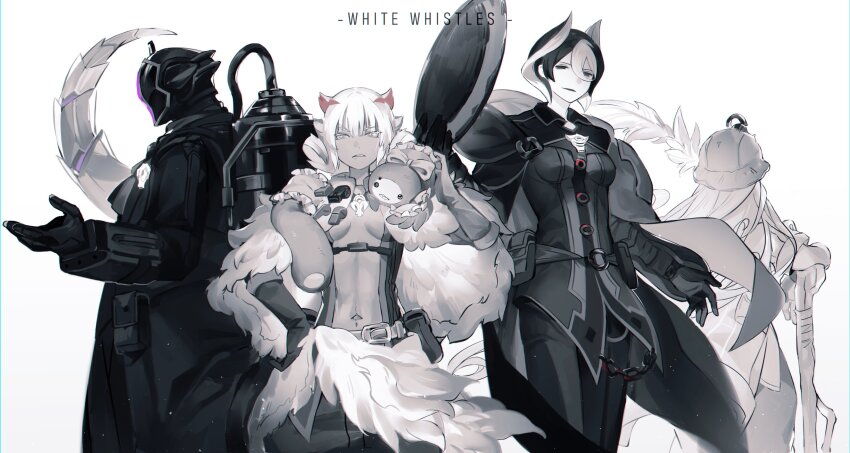 1boy 3girls absurdres bondrewd breasts cleavage cloak colossustotem greyscale hair_horns hat helmet highres holding holding_unworn_clothes holding_unworn_hat looking_at_viewer lyza_(made_in_abyss) made_in_abyss mask monochrome multiple_girls ozen simple_background spot_color srajo standing tail tall_female unworn_hat unworn_headwear