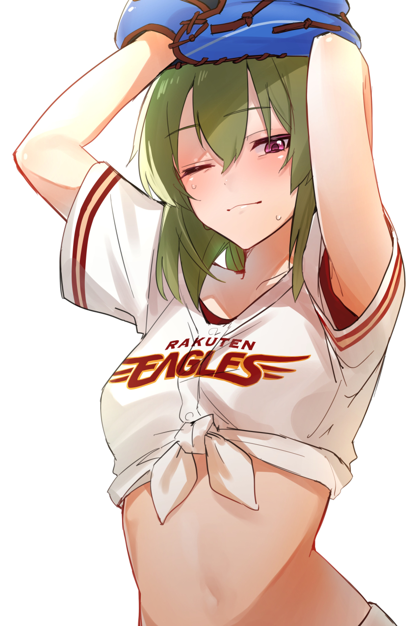 1girl ;) absurdres arms_up baseball_glove baseball_uniform blush breasts collarbone green_eyes highres idolmaster idolmaster_million_live! light_smile looking_at_viewer medium_breasts nagayoshi_subaru navel nippon_professional_baseball one_eye_closed red_eyes shirt simple_background smile solo sportswear sweatdrop tied_shirt touhoku_rakuten_golden_eagles tutimaru0730 upper_body white_background