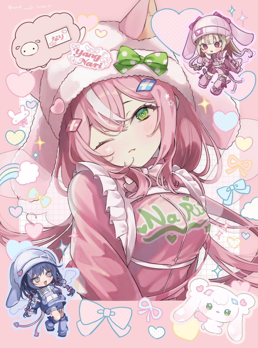 3girls :3 animal_ear_fluff animal_ears animal_hat artist_name breasts cat_ears chibi chibi_inset fake_animal_ears fang green_eyes hair_between_eyes hat heart highres jersey_maid maid makaino_ririmu medium_breasts multiple_girls nijisanji nijisanji_kr one_eye_closed pink_hair ponto_nei rabbit_hat ringed_eyes sparkle twitter_username un4_o unconventional_maid virtual_youtuber yang_nari