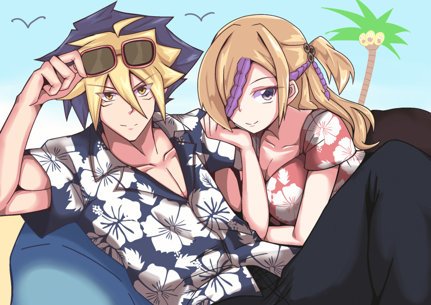 1boy 1girl absurdres aegislash alolan_exeggutor alolan_form blonde_hair blue_shirt breasts cleavage day garchomp gen_4_pokemon gen_6_pokemon gen_7_pokemon hair_between_eyes hair_ornament hair_over_one_eye hand_up hawaiian_shirt hetero highres looking_at_viewer nintendo outdoors pectoral_cleavage pectorals personification pokemon pokemon_(creature) red_shirt shirt sitting sunglasses yellow_eyes yokomiya4538