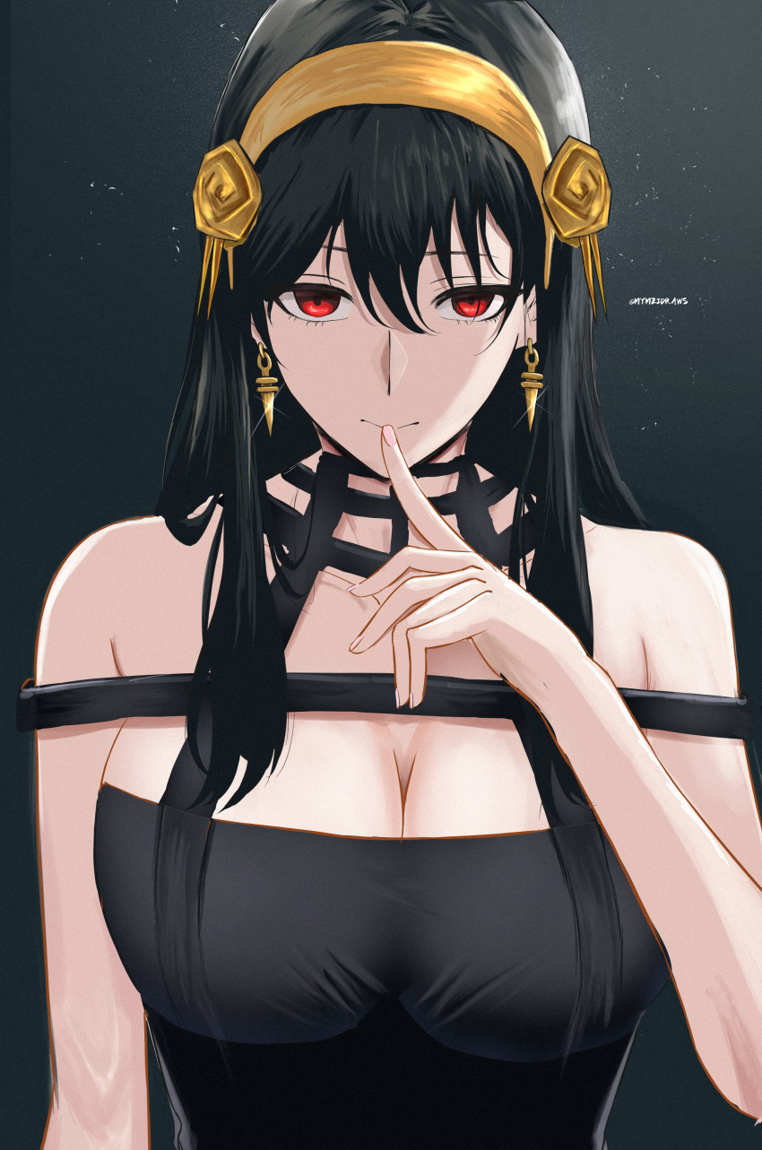 1girl absurdres bare_shoulders black_hair breasts cleavage closed_mouth earrings flower glint gold_earrings gold_hairband hair_flower hair_ornament hairband hand_up highres index_finger_raised jewelry large_breasts light_particles looking_at_viewer mymzi red_eyes rose signature solo spy_x_family upper_body yor_briar