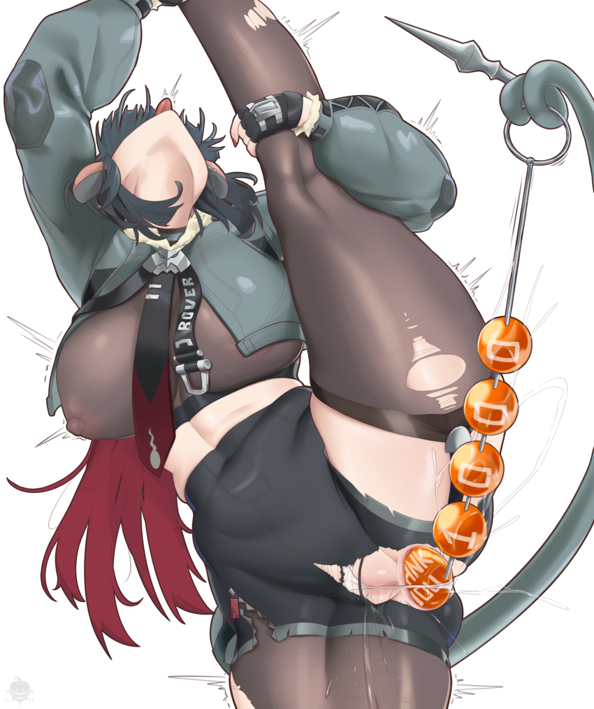 1girl anal anal_beads animal_ears black_gloves black_hair blunt_bangs breasts commentary covered_erect_nipples english_commentary female_orgasm gloves head_back highres jacket jane_doe_(zenless_zone_zero) long_hair mouse_ears mouse_girl multicolored_hair orgasm pantyhose planterak_draws red_hair sex_toy sex_toy_pull shorts solo tail torn_clothes uncensored zenless_zone_zero