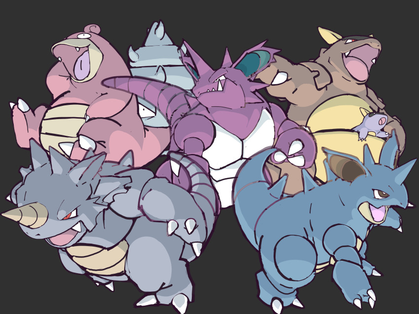 absurdres black_background black_eyes claws commentary fangs full_body game_freak gen_1_pokemon highres horns kangaskhan looking_ahead nidoking nidoqueen nintendo no_humans open_mouth pokemon pokemon_(creature) pokemon_focus red_eyes rhydon sharp_teeth simple_background slowbro tail tea_zatter teeth tongue trait_connection