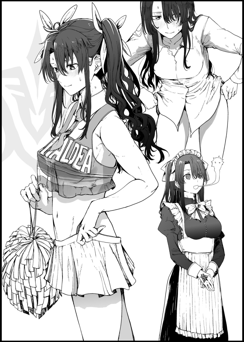 1girl @_@ bare_shoulders blush breasts cheerleader command_spell crop_top crossdressing dress dress_shirt fate/grand_order fate_(series) fujimaru_ritsuka_(male) genderswap genderswap_(mtf) giving_up_the_ghost greyscale highres long_hair long_sleeves maid_headdress medium_breasts midriff miniskirt monochrome multiple_views open_mouth pom_pom_(cheerleading) shirt sidelocks skirt syatey thighs twintails