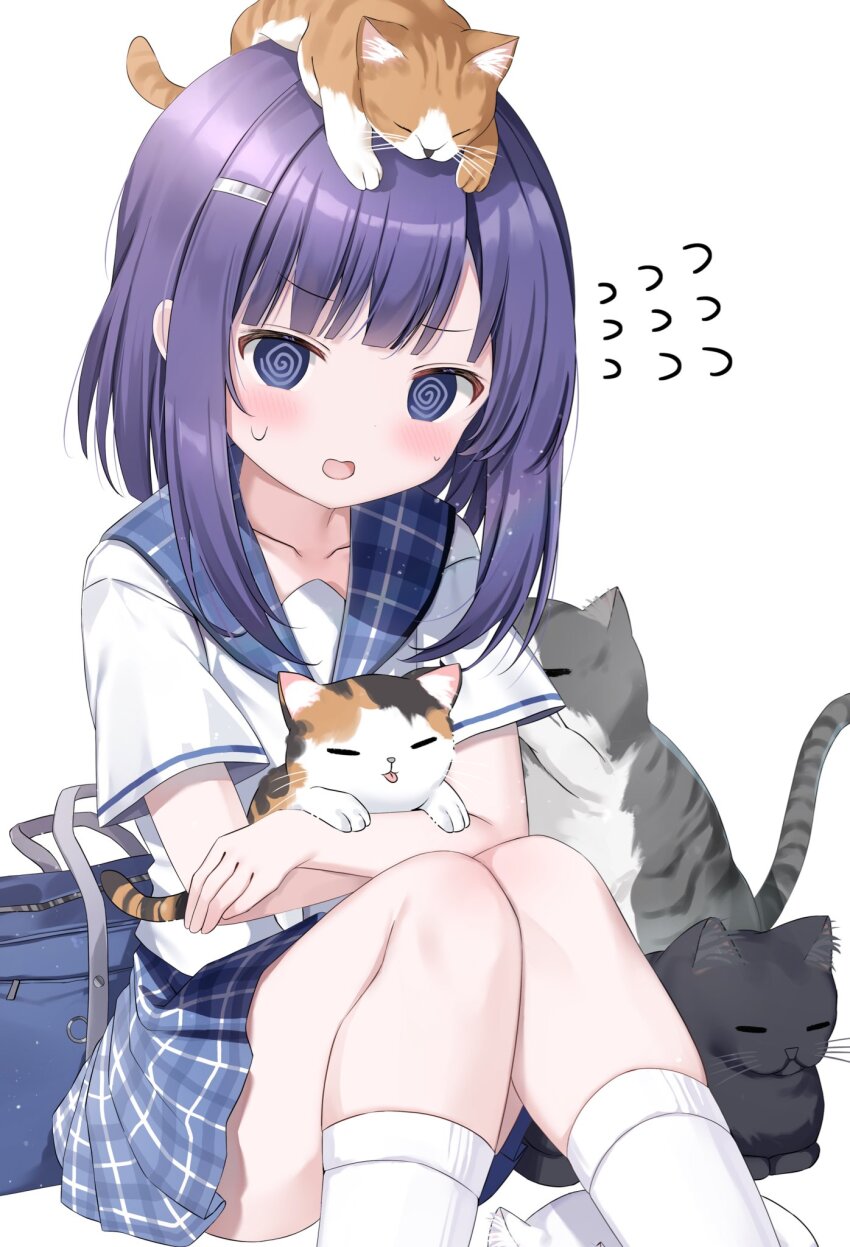 1girl :d =_= @_@ animal bag birthday black_cat blue_hair blue_sailor_collar blue_skirt blush cat closed_eyes collarbone collared_shirt crossed_arms feet_out_of_frame flat_chest flying_sweatdrops fuiba_fuyu furrowed_brow gochuumon_wa_usagi_desu_ka? grey_cat hair_ornament hairclip heart-shaped_mouth highres holding holding_animal holding_cat long_sidelocks looking_at_viewer medium_hair modesty_cover nervous_sweating open_mouth orange_cat pizzzica pleated_skirt purple_hair sailor_collar school_bag school_uniform shirt short_sleeves sidelocks simple_background skirt smile socks solo sweat tabby_cat tongue tongue_out too_many too_many_cats white_background white_cat white_shirt white_socks