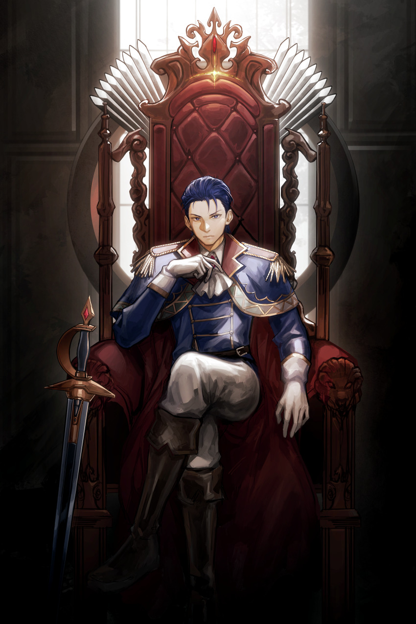 1boy absurdres boots cape chair commentary commission commissioner_upload deka_yo english_commentary epaulettes fire_emblem fire_emblem:_thracia_776 gloves highres male_focus nintendo reinhardt_(fire_emblem) reinhardt_(thrud_reborn)_(fire_emblem) sitting sitting_on_throne sword throne vgen_commission weapon