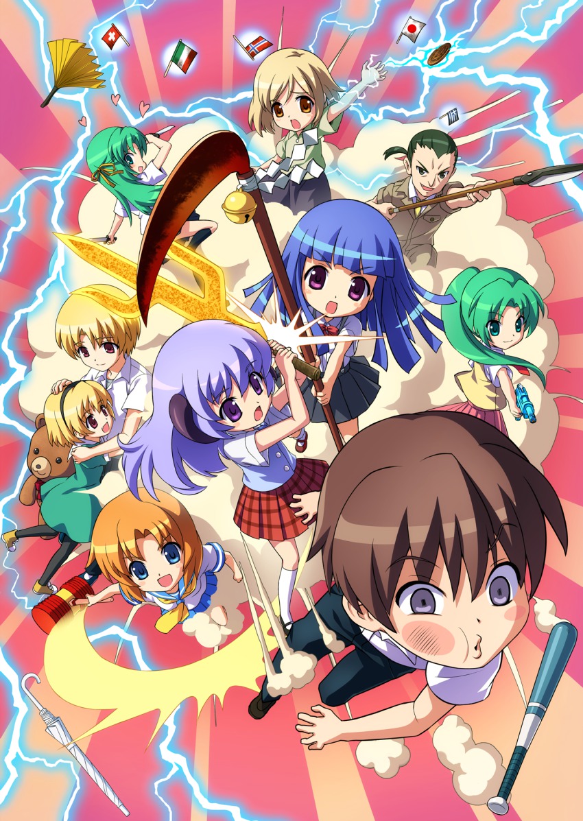 07th_expansion 6+girls artist_request baseball_bat blonde_hair blush_stickers brother_and_sister child everyone fang fighting flag furude_rika green_hair hammer hanyuu heart highres higurashi_no_naku_koro_ni horns houjou_satoko houjou_satoshi hug knife long_hair maebara_keiichi multiple_boys multiple_girls no_naku_koro_ni_(series) official_art okonogi_tetsurou pantyhose ponytail ryuuguu_rena school_uniform scythe serafuku short_hair siblings sisters sonozaki_mion sonozaki_shion stuffed_animal stuffed_toy sword tanashi_miyoko teddy_bear twins umbrella water_gun weapon